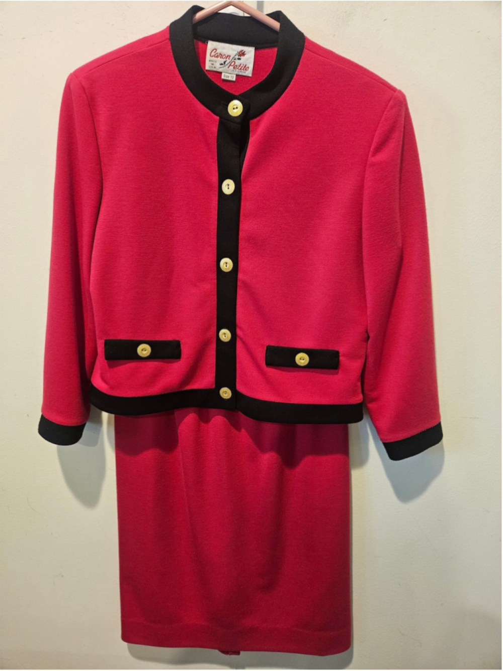 Women's Caron Petite Vintage Skirt Suit Set Size 10 Hot Pink & Black